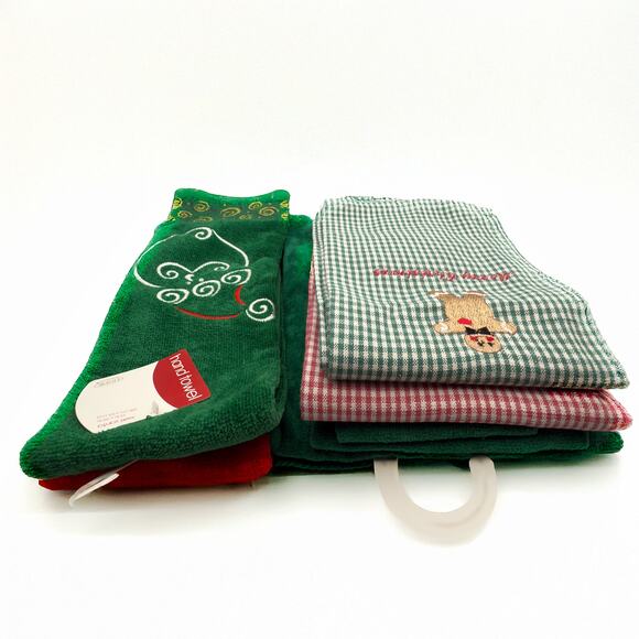 Set of 7 NOS Target Christmas Embroidered Towels Santa Red Green Cotton NWT - Picture 7 of 8